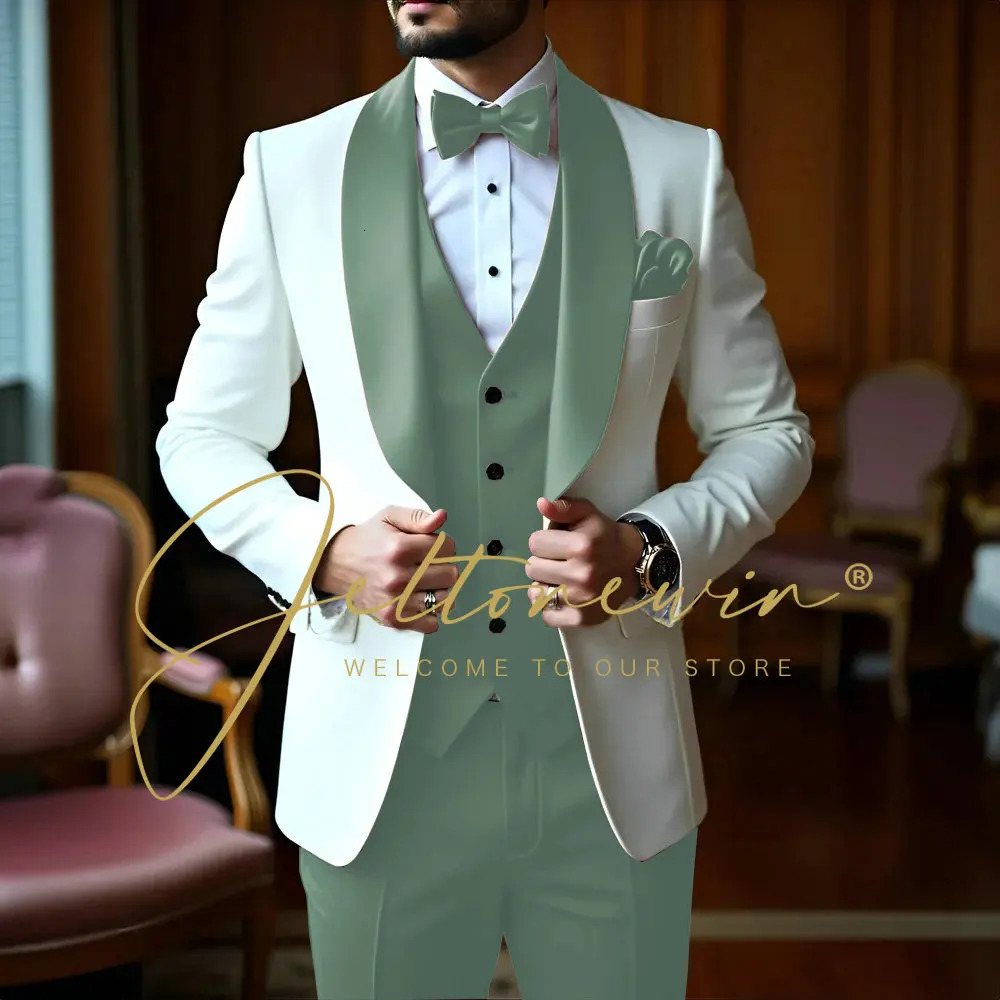 White 3 Pieces Men Suits Slim Fit Shawl Lapel Formal Man Wedding Groom Wear Blazer Sets Party Tuxedos Trajes De Hombre 251020