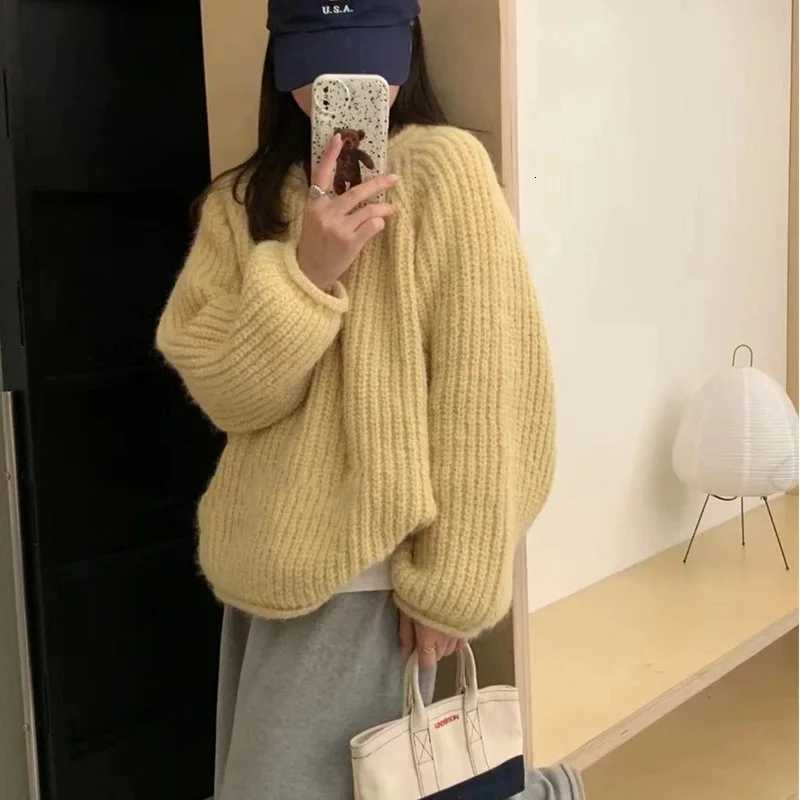 Korean Coarse Yarn Knitted Sweaters Womens Loose Fashion Candy Color ONeck Pullover Autumn Winter Thicken Warm Long Sleeve TopsT251025