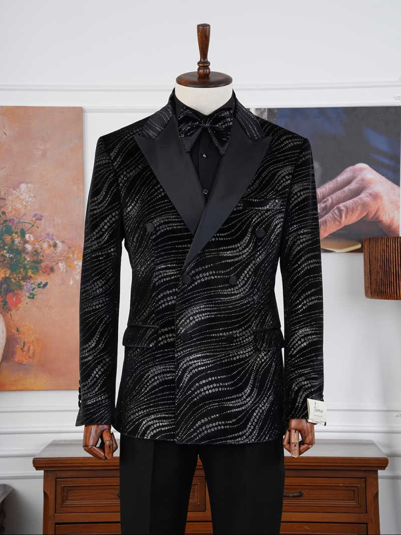 Shiny Crystals Menn's Suit Blazer Double Breasted Peaked Lapel Pants Sets Classic Fit Prom Wedding Party Customized 2 Pieces