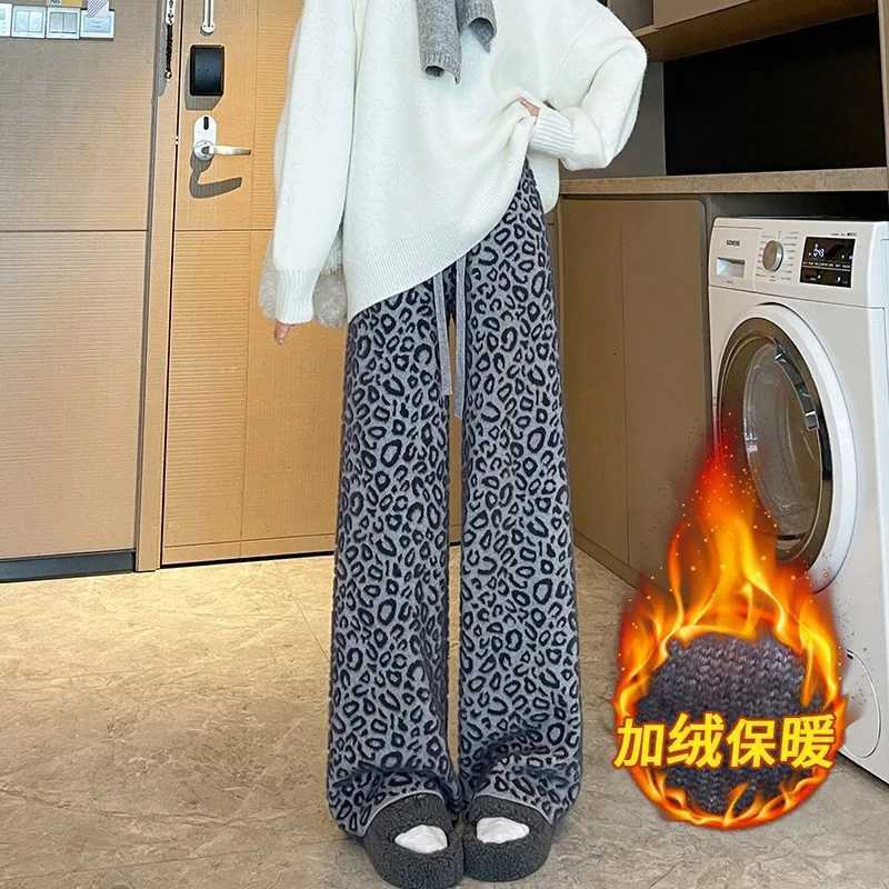 2026 Mink Fur Leopard Print Knitted Wide Leg Pants Women Fleece High Waist Straight Long Pants Thickened Soft Waxy Wool TrousersT251025