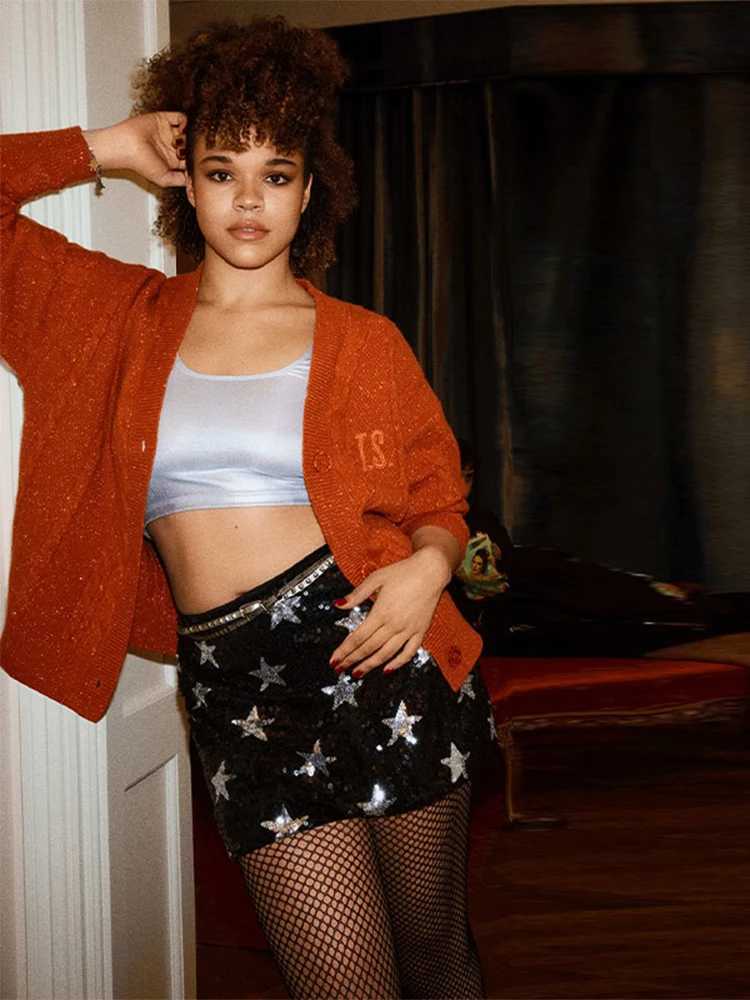 Orange Cable Knitted Womens Sweater Star Embroidery Cardigan Tops Trendy Casual Outerwear Vintage Autumn Tops Woman Casual WearT251025