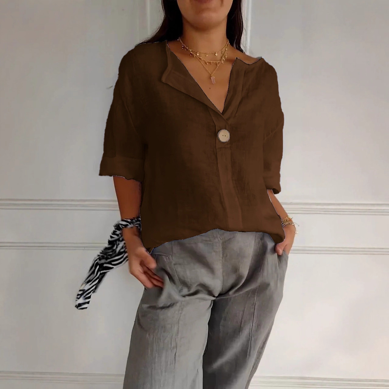 2025 Autumn Winter Womens Shirt Solid Color Fashion Casual Loose Top TShirt for Women