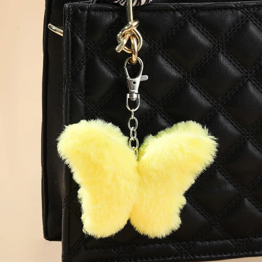 9x11cm Butterfly Fluffy Rabbit Fur Ball Key Chain Cute Pompom Artificial Rabbit Fur Pendent Keychain Women Bag Car Key Ring Gift 251021