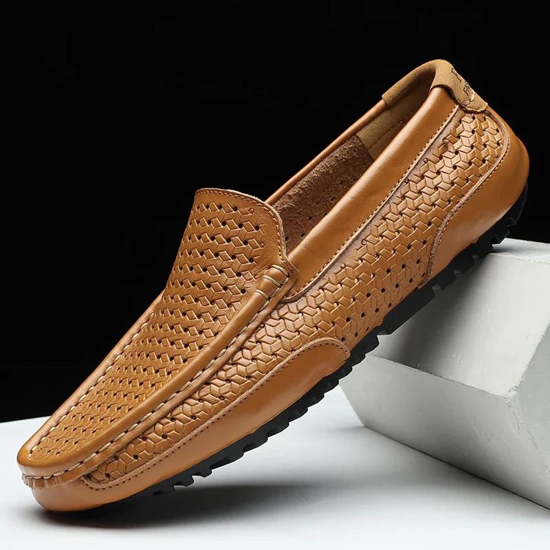 Summer Men Casual Shoes Genuine Leather Mens Loafers Moccasins Hollow Out Breathable Slip on Driving Shoes 251023