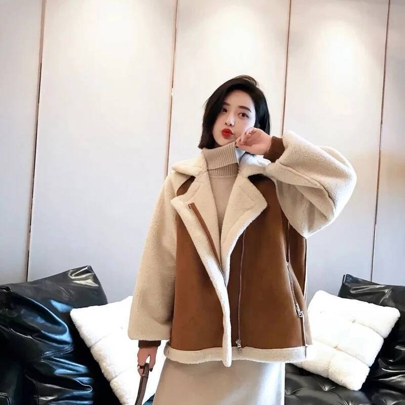 FSMG Women Thick Plush Warm Coat Lamb Wool Sheepskin Faux Suede Zipper Jacket Loose Fur One Piece Winter Fashion Khaki Outerwear dongdumaoyi