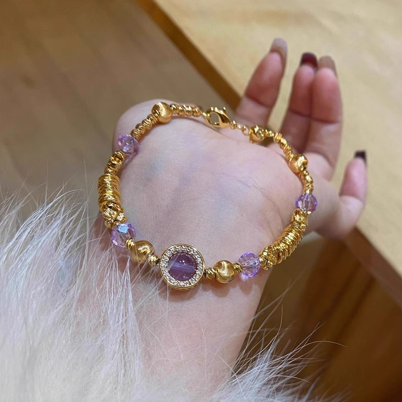 TaiYang New Gold Plated Copper Purple Coiled Bead Bracelet, Gold Plated Wealth-Attracting Bangle with Zircon Accents for Women