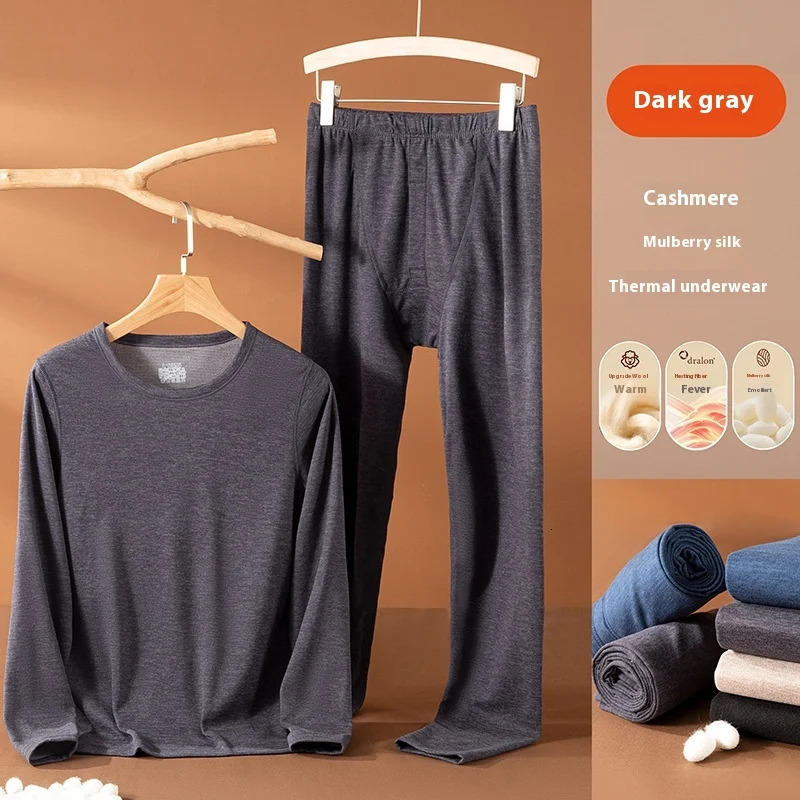 Large Size Xl Men Solid Warm Nonmarking Cashmere Silk Thermal Underwear Set Winter Padded Thickened Autumn Clothes and Trousers 251021
