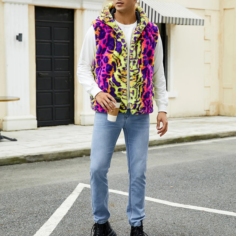 Men Vest Jacket Casual Spring Leopard Print Faux Fur Hoodie Cardigan for Fall Outwear Streetwear 251020