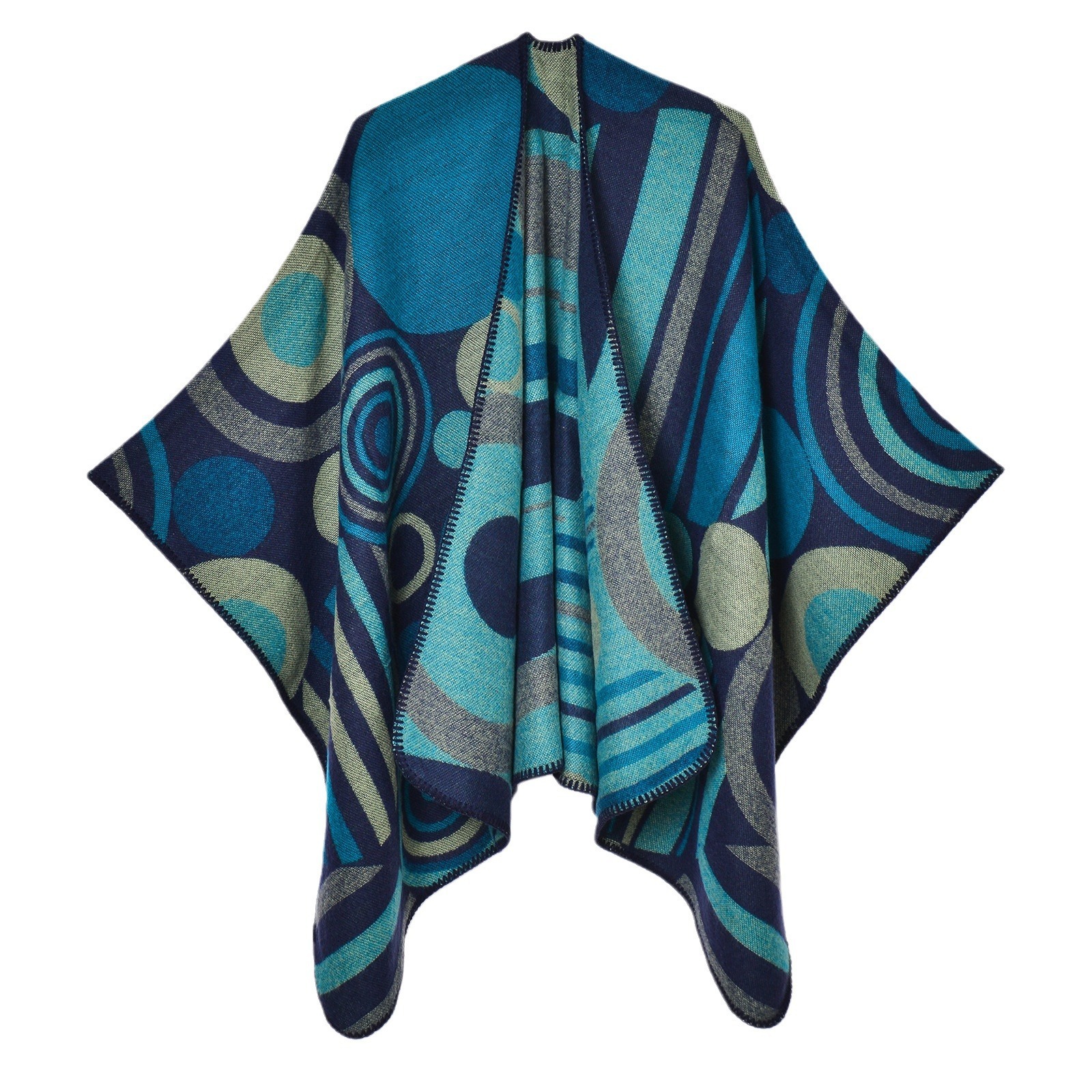New Geometric Abstract Line Patchwork Womens Autumn Winter Warm Split Shawl Cape Outerwear Decorative Scarf