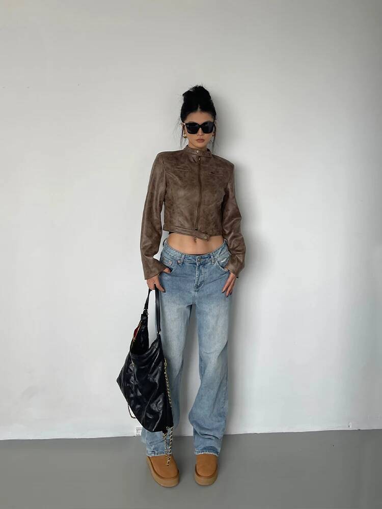 Stand Collar Leather Coat Women Autumn New Straight Tube Slim Short Motorcycle Jacket Korean Sweet D8FN dongdumaoyi