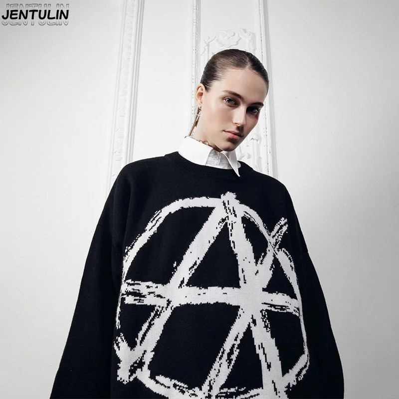 Harajuku Mens Winter Sweater Y2K Gothic Loose Womens Streetwear Punk Hip Hop Round Neck Knitted Graphic Mens Clothing 251020