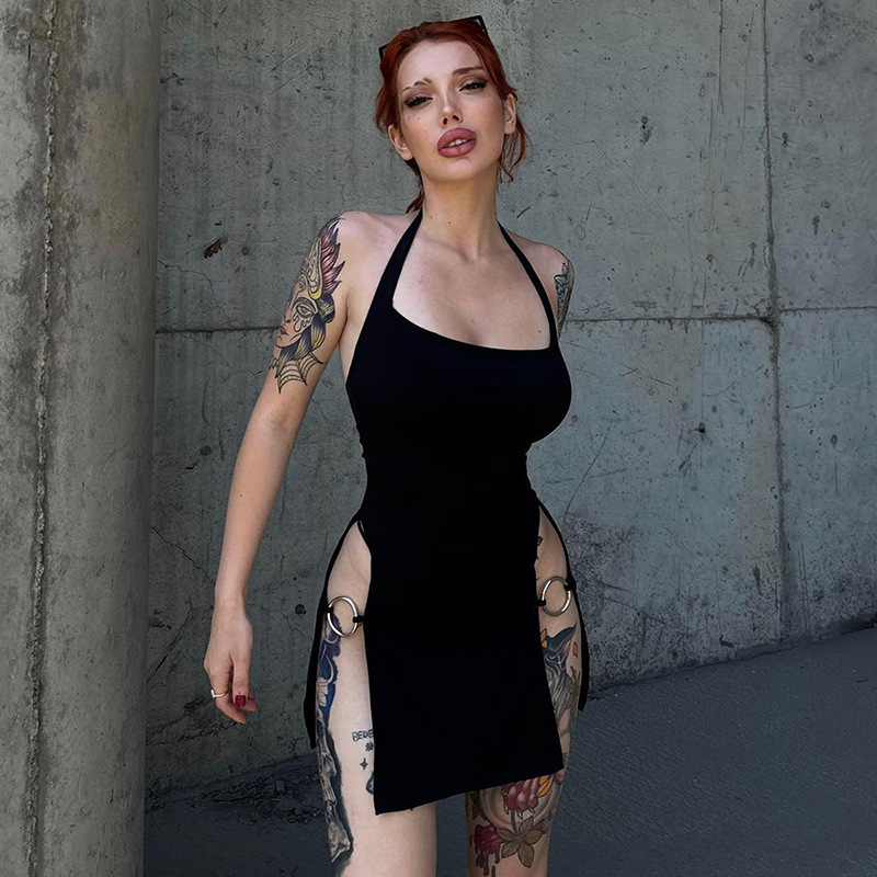 Designer's European and American style 2025 summer new solid color backless hollow suspender sexy spicy girl tight fitting dress