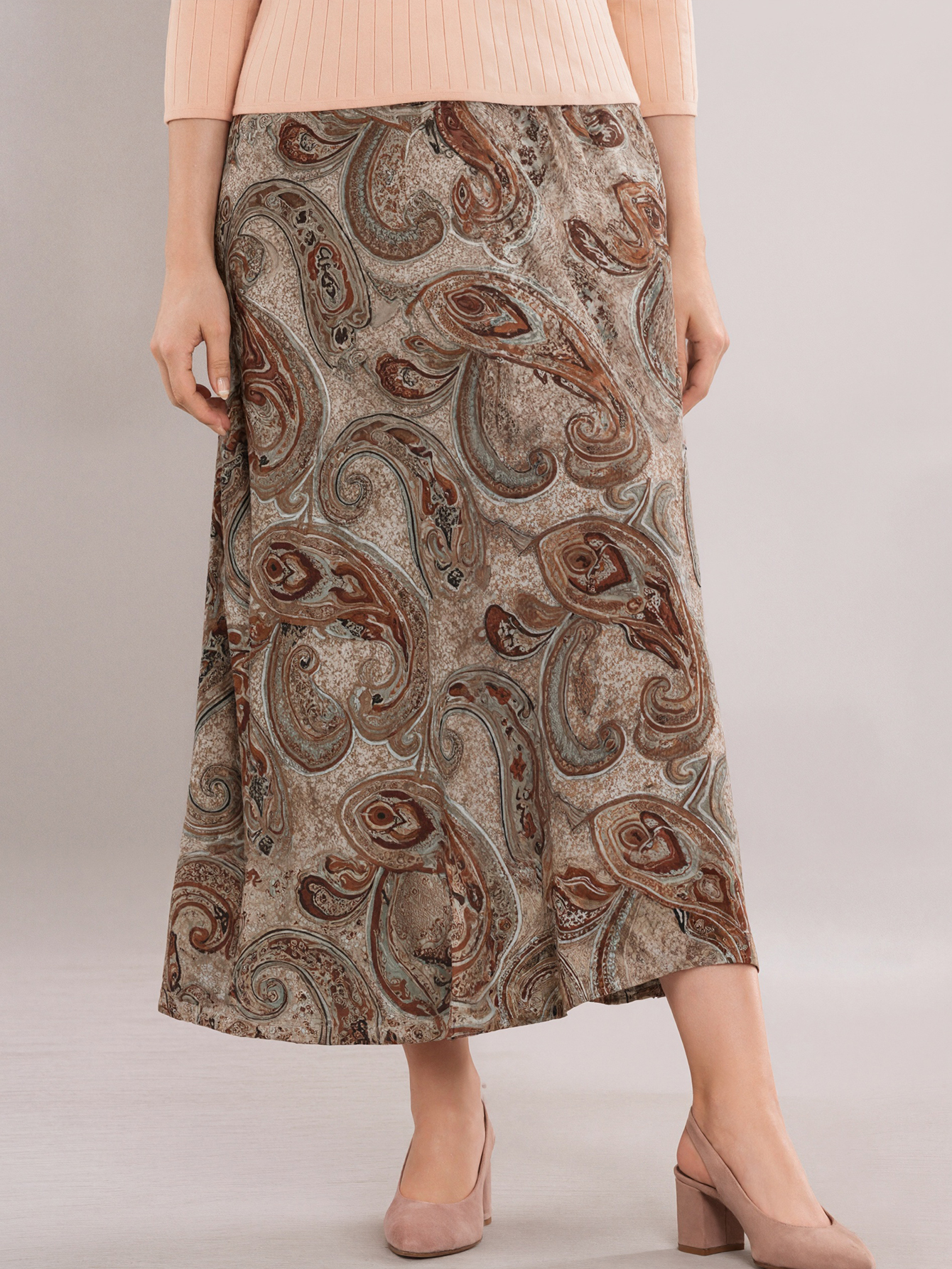 Autumn Winter Women's Fashion Commute Style Paisley Printed Versatile Vacation & Outing Midi Skirt, Milk Silk Khaki Skirt, S-XXL---CF56380