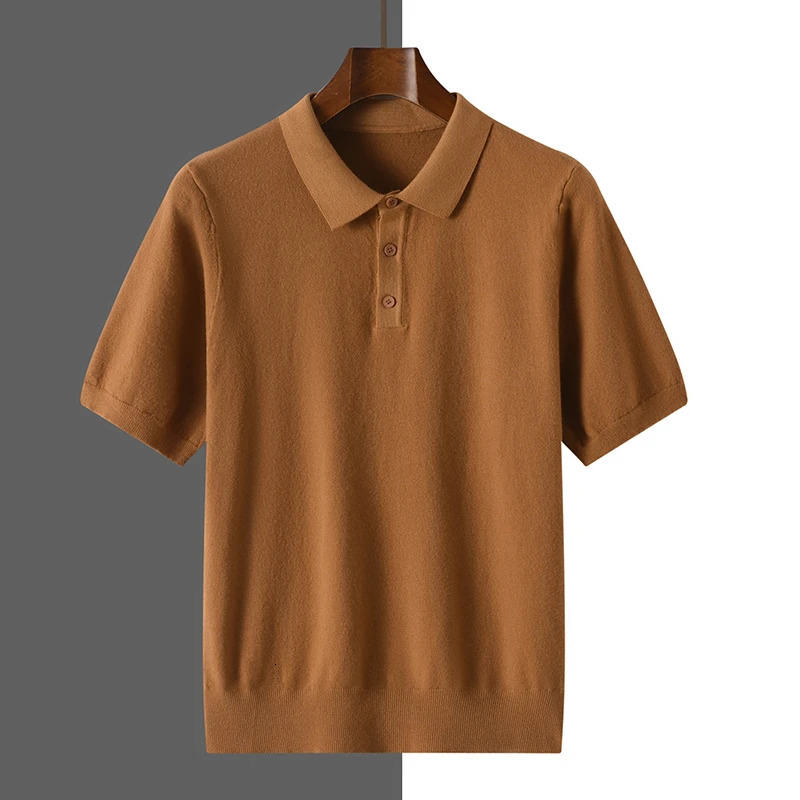 2025 Classic Polo Neck TShirt Pullover Men Knitwear Wool Lyocell Blend Sweater Short Sleeved Cool HighQuality Clothing Tops 251015