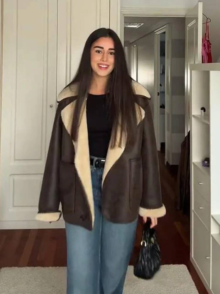 Fleece Fur Leather Jacket Coat Lapel Single Breasted Pocket Double-Sided Jackets Autumn Winter New Thickened Warm Women Overcoat dongdumaoyi