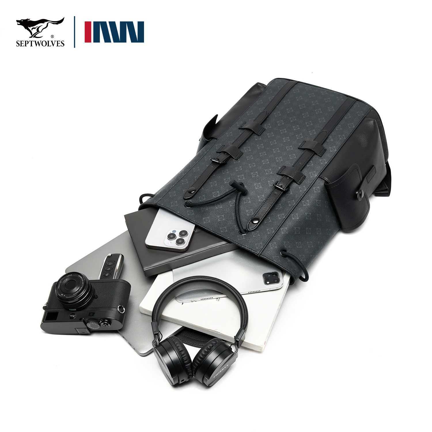 Septwolves High Quality Business Printed Leather Backpack Man Designer Drawstring Flip Monogram Laptop Bags Print Work Rucksack W251025