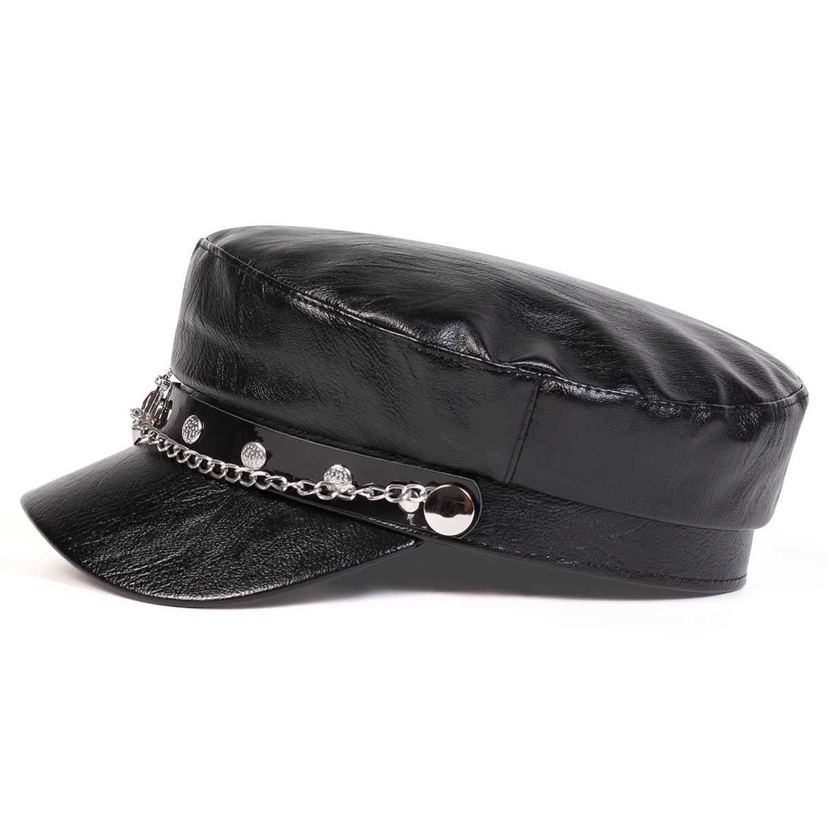 Unisex Ship Anchor Chain Buckle Leather Hat Spring Autumn Sailor Hats Black Beret C Men Flat Top Ctain Military Cs Y251025