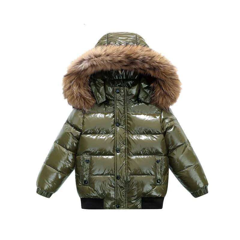 Winter Children Boys Down Jacket Faux Fur Hooded Thicken Warm Toddler Girls Outerwear Plus Veet Windproof Shinny Kid Girl Coat