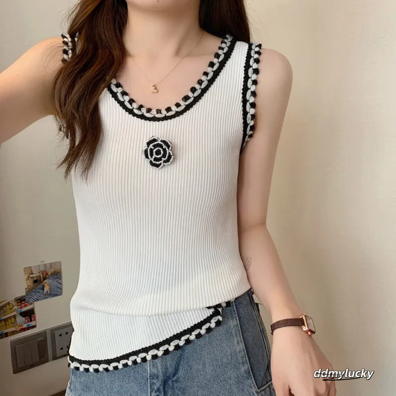 Floral Camisole Sweater - Women's Knitted Tank Top With Rose Accents For Stylish Layering Ddmylucky