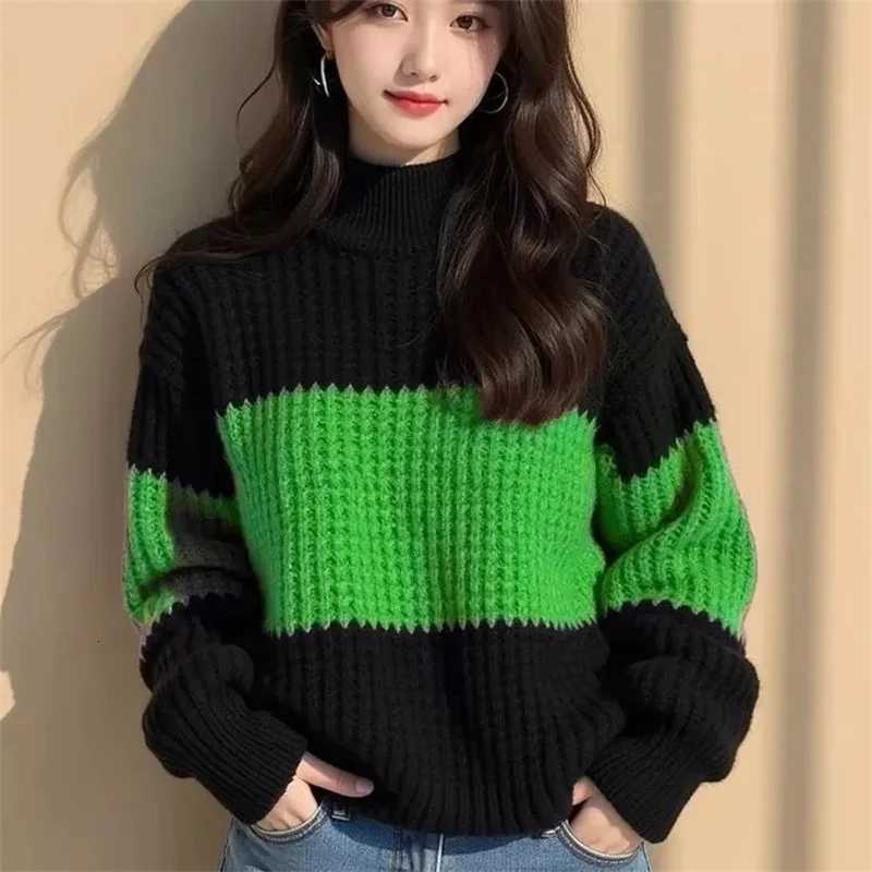 Cross Border Color Blocking Thick Thread Loose Sweater Womens New Winter Fashionable And Stylish Unique Knitted Lazy Base TopT251025