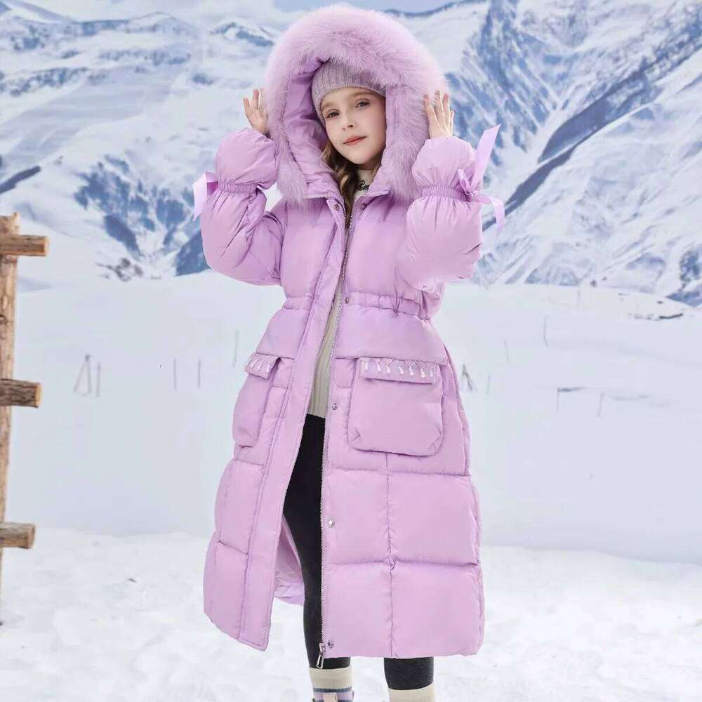 Winter Warm Girls Fashion Long Plain Fur Hooded Zip Puffer Jackets School Kid Thick Snow Coat Children Outfit Windbreaker 5-16Yr