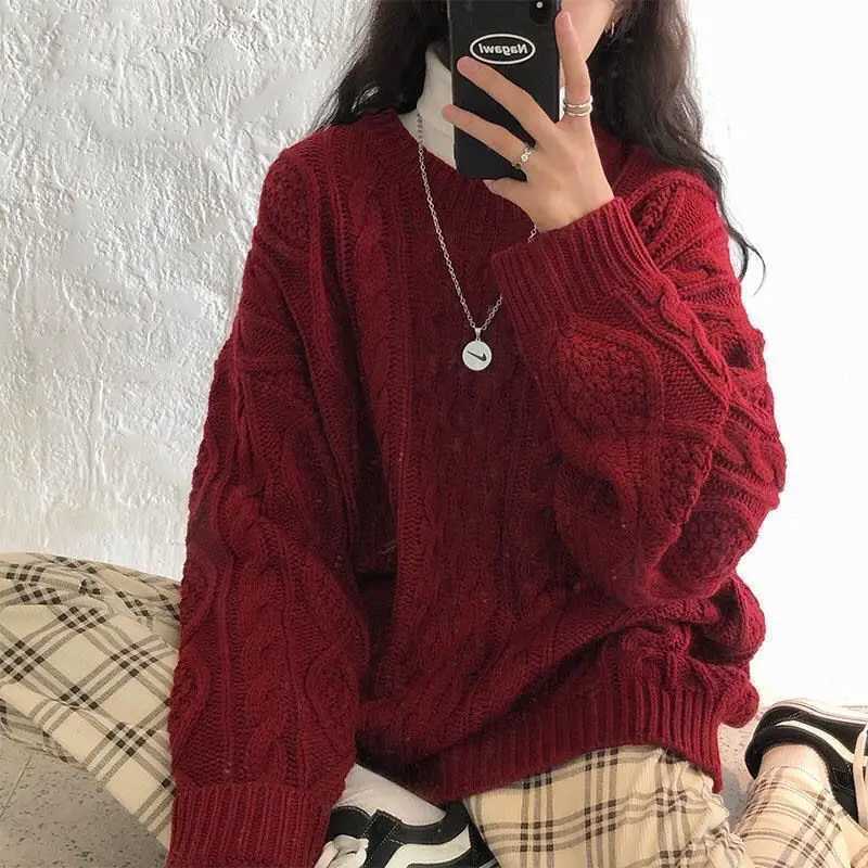 Red Vintage Knitted Sweaters Autumn Winter Pullovers for Women Chic Baggy Students Korean Style Aesthetic College Stylish BasicT251025