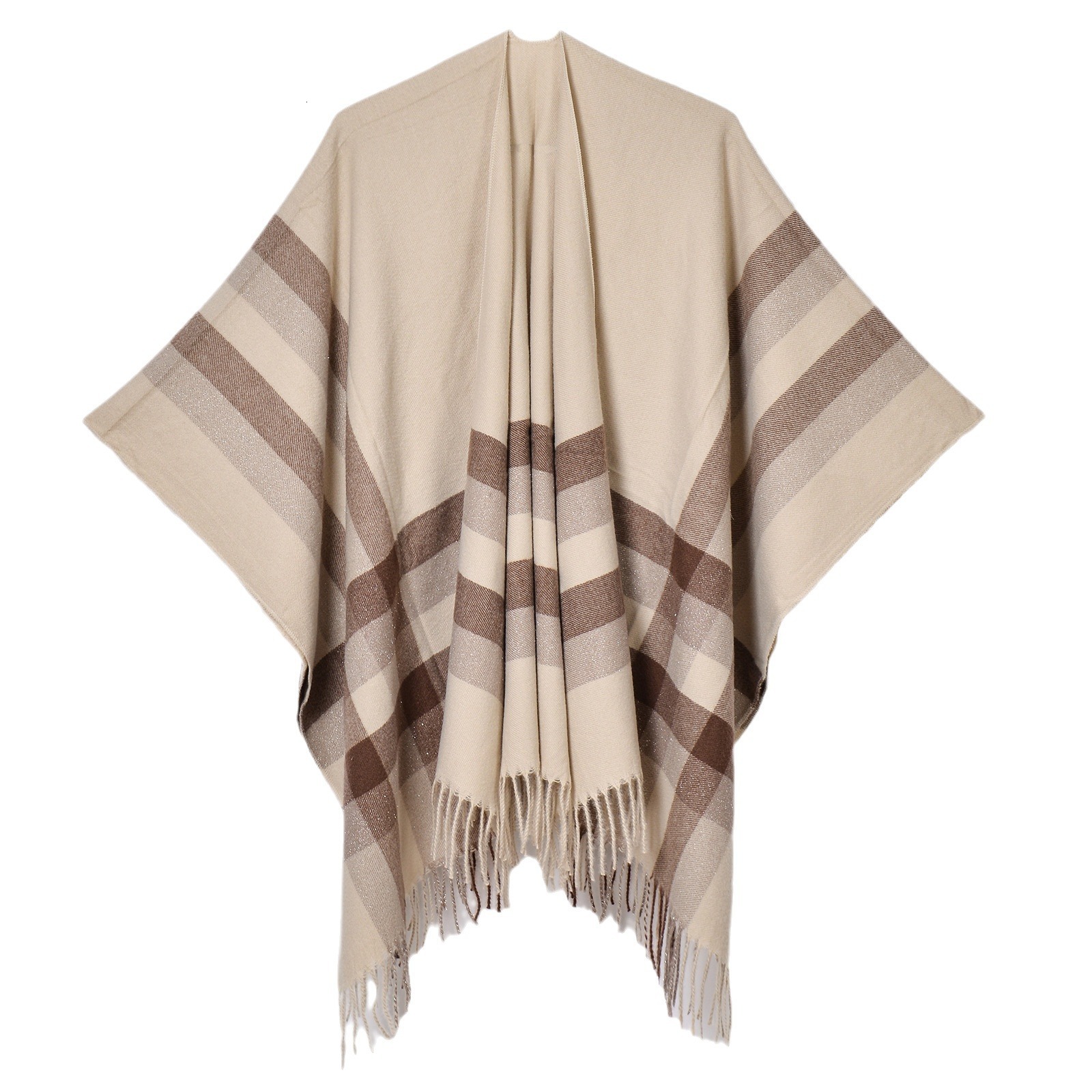 New Autumn Winter Silver Stripe Plaid Shawl Simple Versatile Split Cardigan Cape Office Blanket