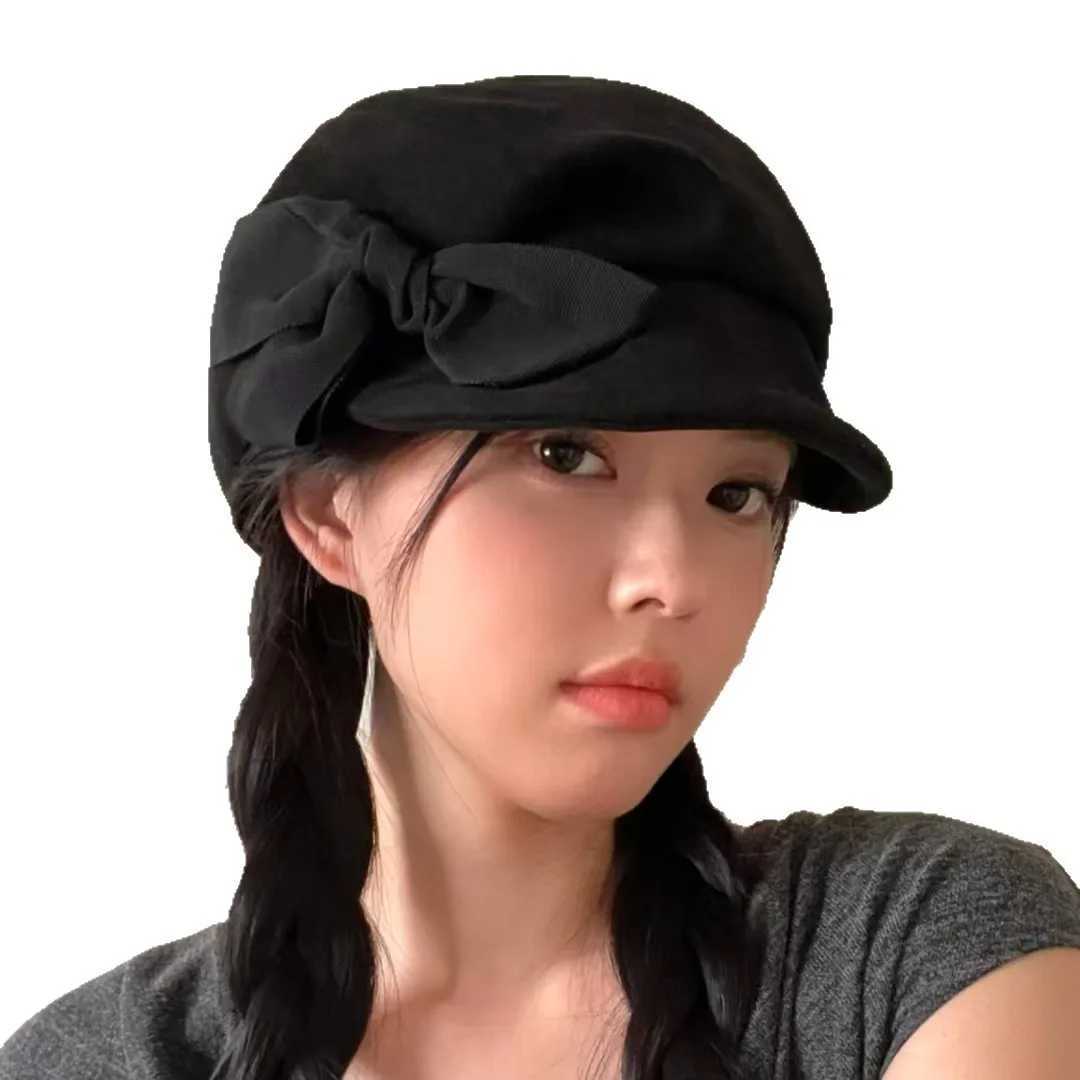 Black Bow Beret Hat for Wen Spring Autumn Winter British Style Octagonal Newsboy Hat Artist Painter Soft Brim Peaked C Y251025