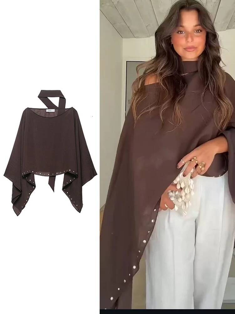 Elegant Women Holiday Chic Rivet Decoration Pullover Scarf Collar Long Sleeve Loose Cloak Ladies Summer Outwear dongdumaoyi