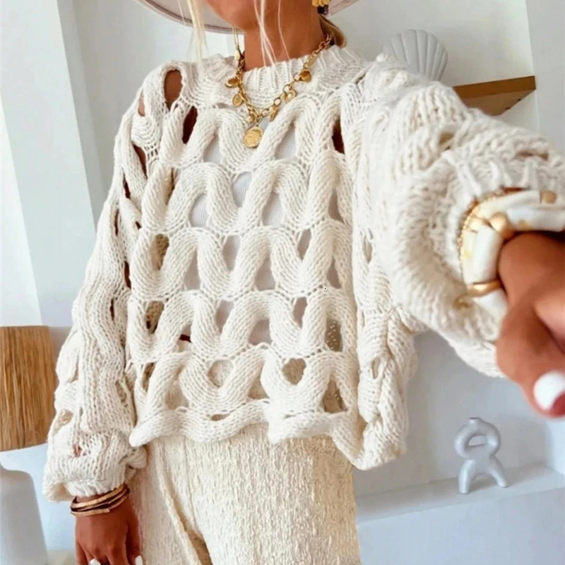 Sexy Hollow Out Long Sleeved Knitted Sweater Summer Beach Oneck Crochet Pullover Casual Solid Color Womens Loose Top Blouses 251021