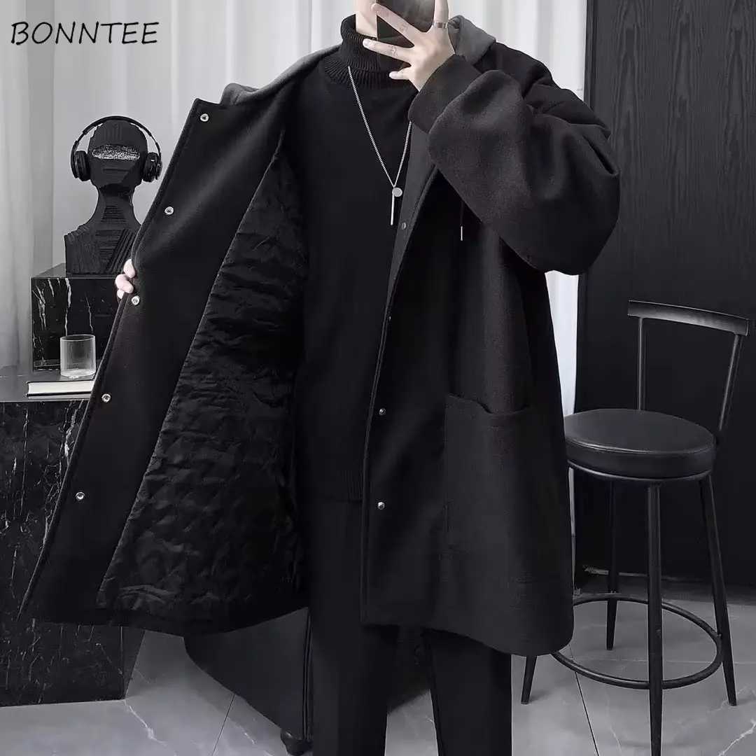 Blends for Men England Style Winter Thicker Hooded Outwear Handsome Big Pockets Black Long Coat Stylish Hombre Fashion DailyT251025
