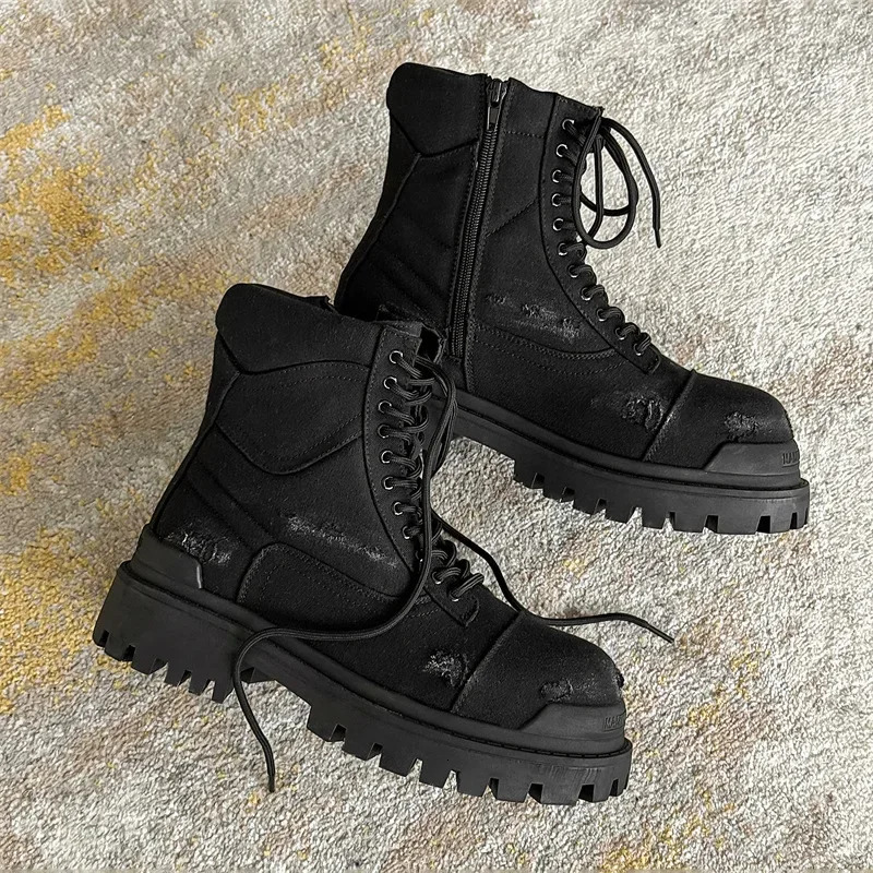 Autumn Winter Hightop Motorcycle Boots for Men Laceup Dotheold Thick Bottom Short Ankle Boots with Zipper Man Black Boots 251020