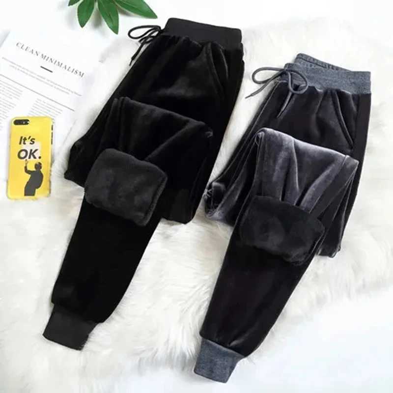 Fashion Plus Velvet Thick Warm Elastic High Waist Lace Up Harem Womens Pants Korean Loose AnkleLength Pants for WomenT251025