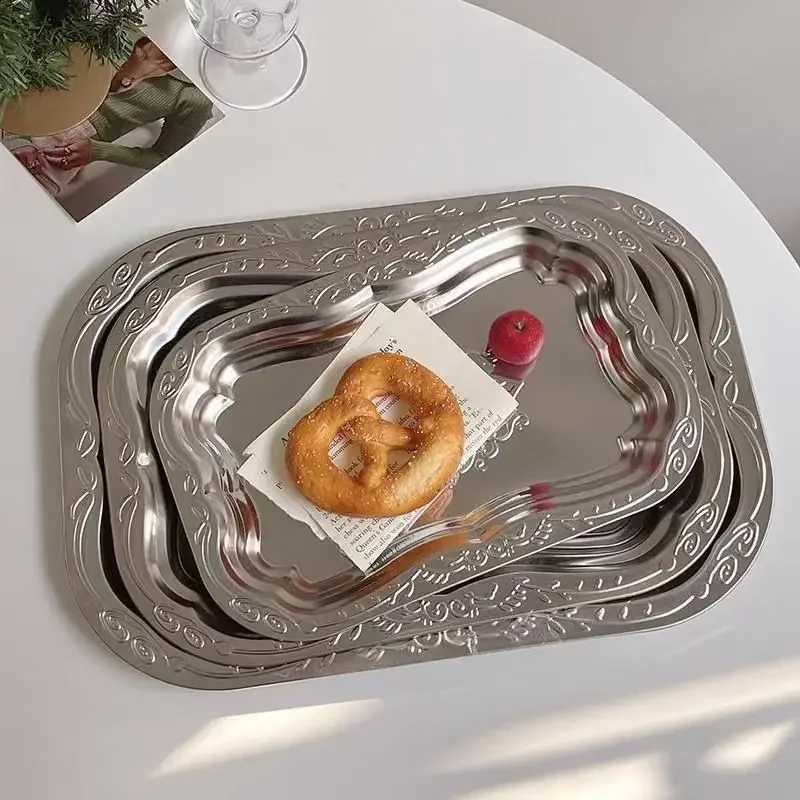 1PCS Stainless Steel Rectangar Tray with Embossed Design for Kitchen Living Ro Storage Durable Fruit Snack Cake Serving Dish Y251025