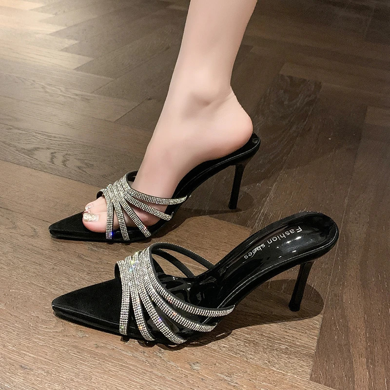 Sexy High Heels Slipper Women Summer Fashion CRYSTAL Narrow Band Pointed Toe Slides Stripper Party Sandal Mule Shoes 251023
