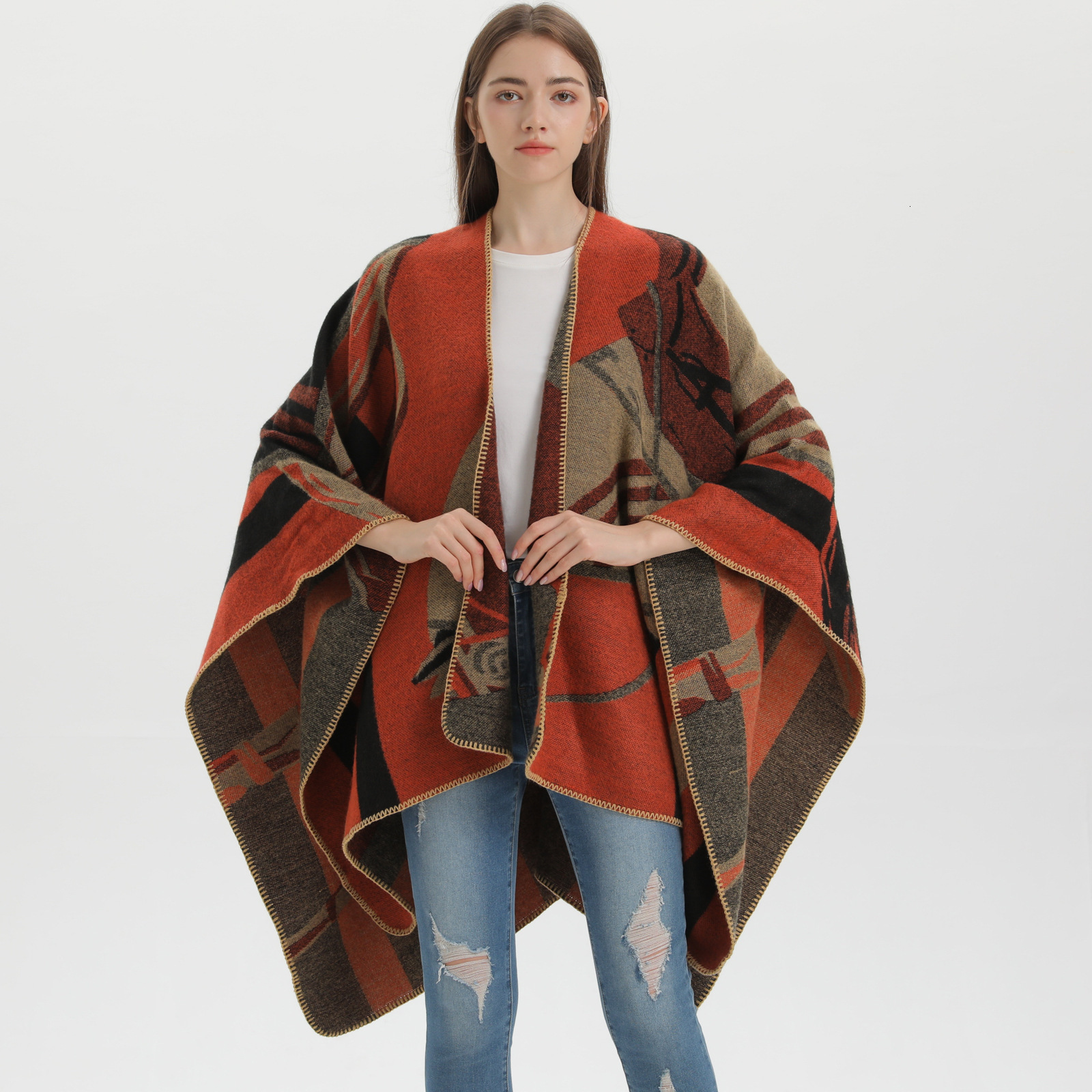 New Womens Shawl Fashion Thickened Imitation Cashmere Split Cape Runway Outerwear