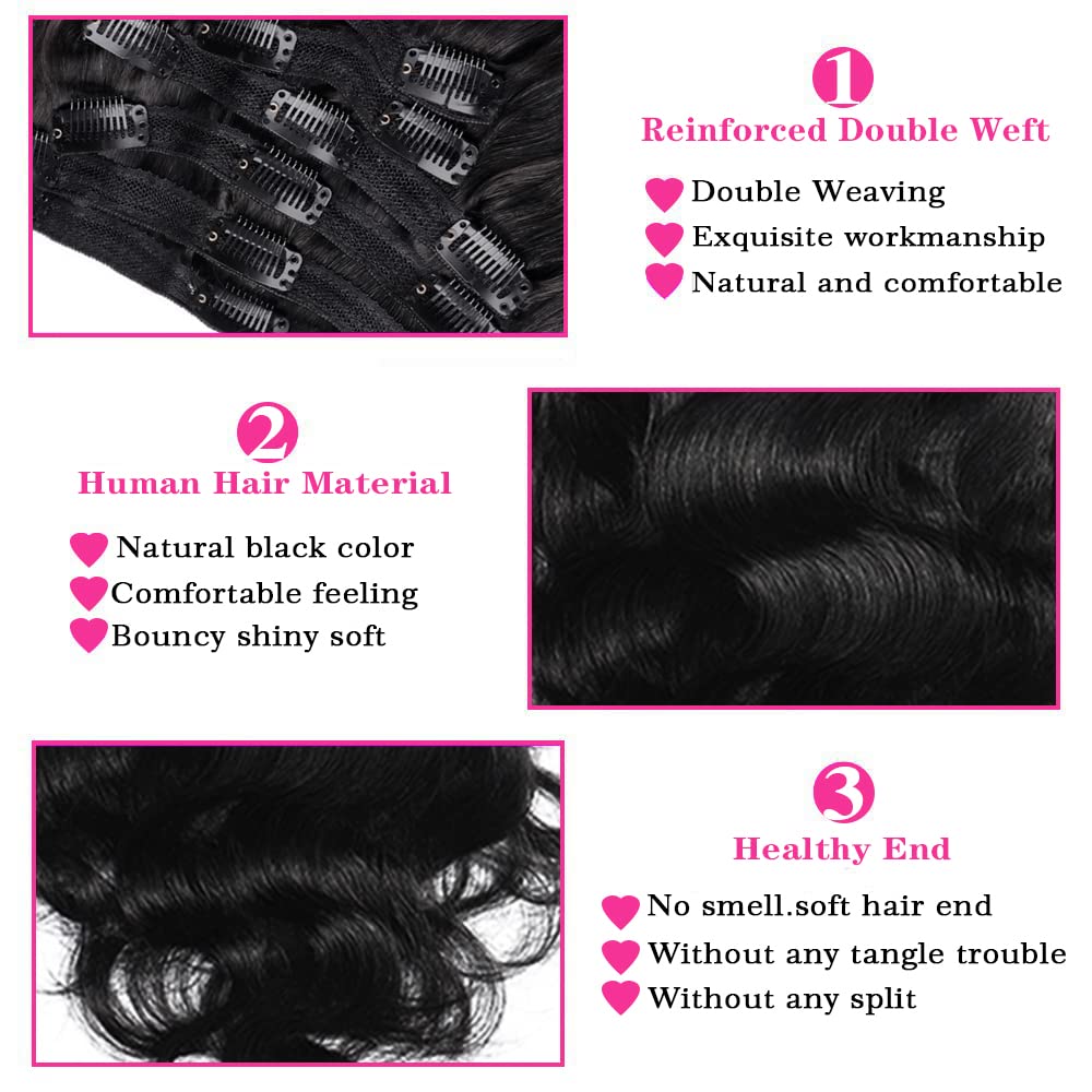 Body Wave Clip Ins 8Pcs Remy Human Hair 8-30 Inch #1B Natural Black Real Human Hair Clip in Wefted Pieces for Women Soft Silky Texture