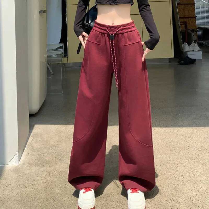 Young Style Streetwear Women Autumn Winter High Waist Pants American Style Plus Fleece Drawstring Allmatch Wide Leg TrousersT251025