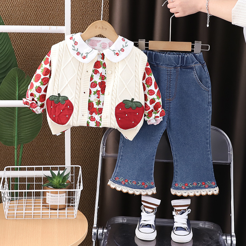 Free Shipping 2025 Girls Spring Outfit Set Strawberry Print Sweater Three-Piece Set Cute Baby Toddler Clothes Spring Fashion