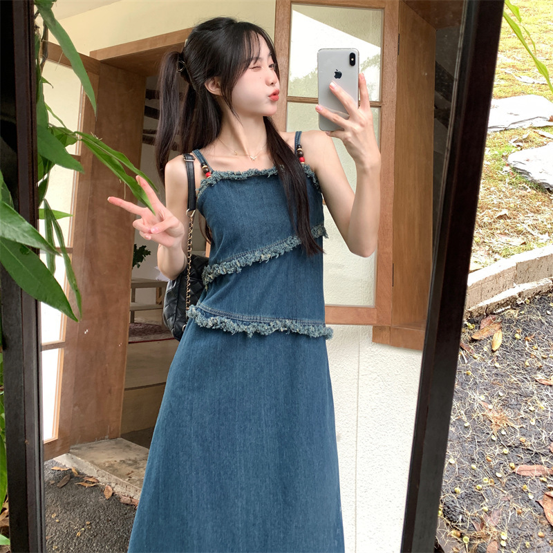 Summer 2025 new plus size women's unique dress designer retro tassel bead denim belt dress