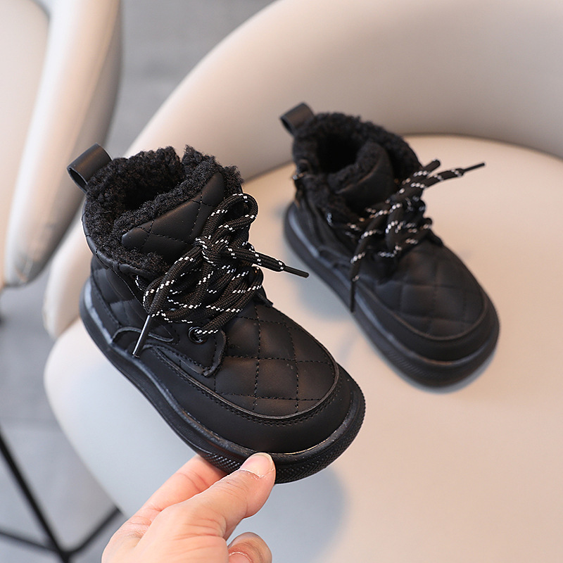 Children's Shoe Designer Autumn/Winter New Boys' Checkered Side Zipper Baby Single Boots Girls' Baby Cotton Boots Warm Shoes