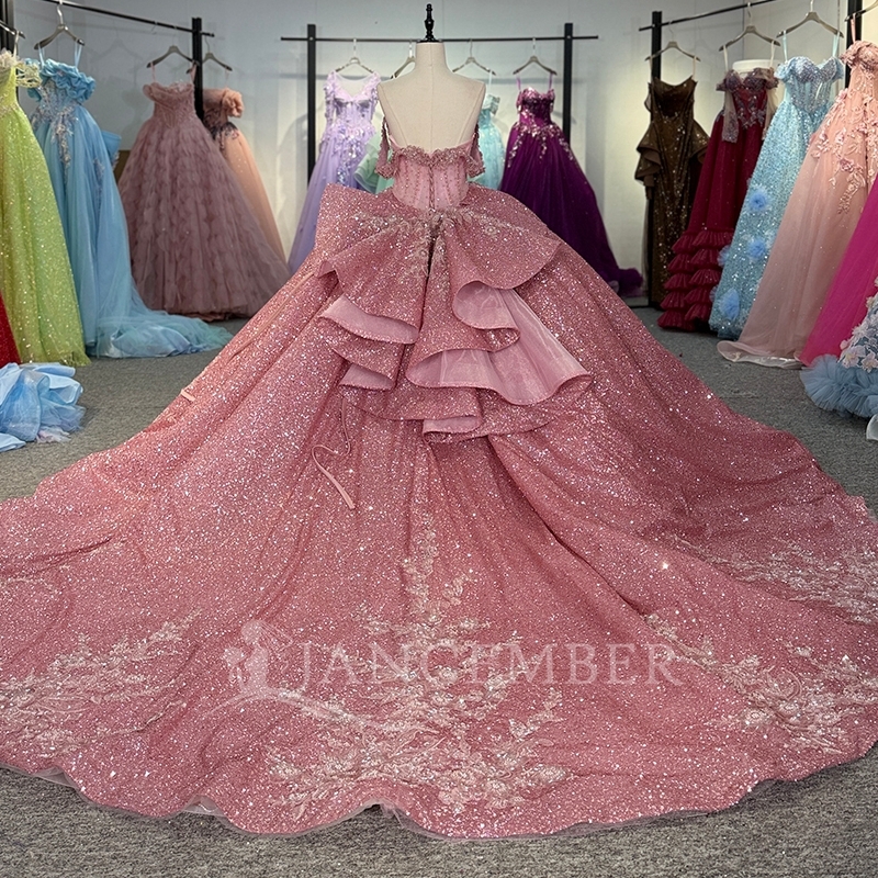 Pink Shiny Quinceanera Dresses Ball Gown Off The Shoulder Sequin Applique Lace Beading Crystal Corset Party Birthday Sweet 16 Dress Vestidos 15 De Ano