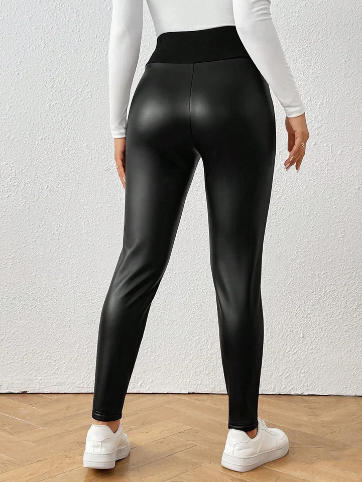 Womens Fashion Casual Knitted Fleece Lined Leggings Black Simple Versatile Slimming Warm Base Pants 251018