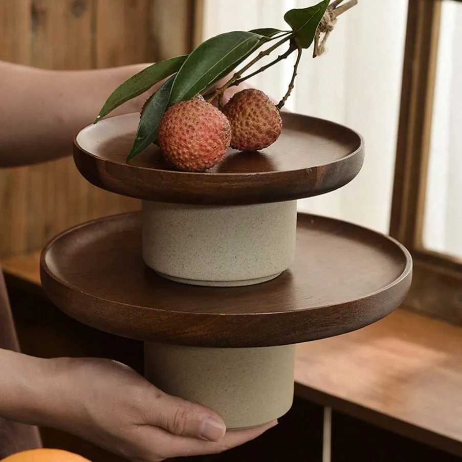 Japanese Cake Fruit Tray Wood Egg Tray Dessert Storages Shelf Ceramic Tall Footed Snack Decorative Tray Kitchen Accessories Y251025