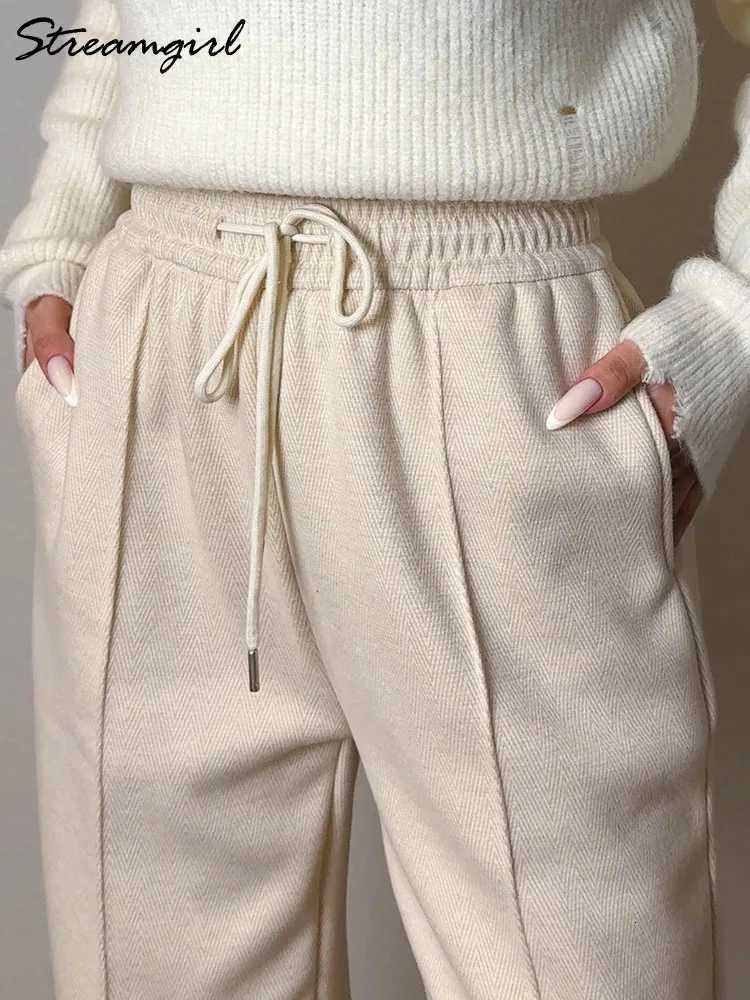Streamgirl Warm Winter Wool Pants Women With Fleece Trousers High Waist Velvet Straight Leg Pants For Women Elastic WaistT251025