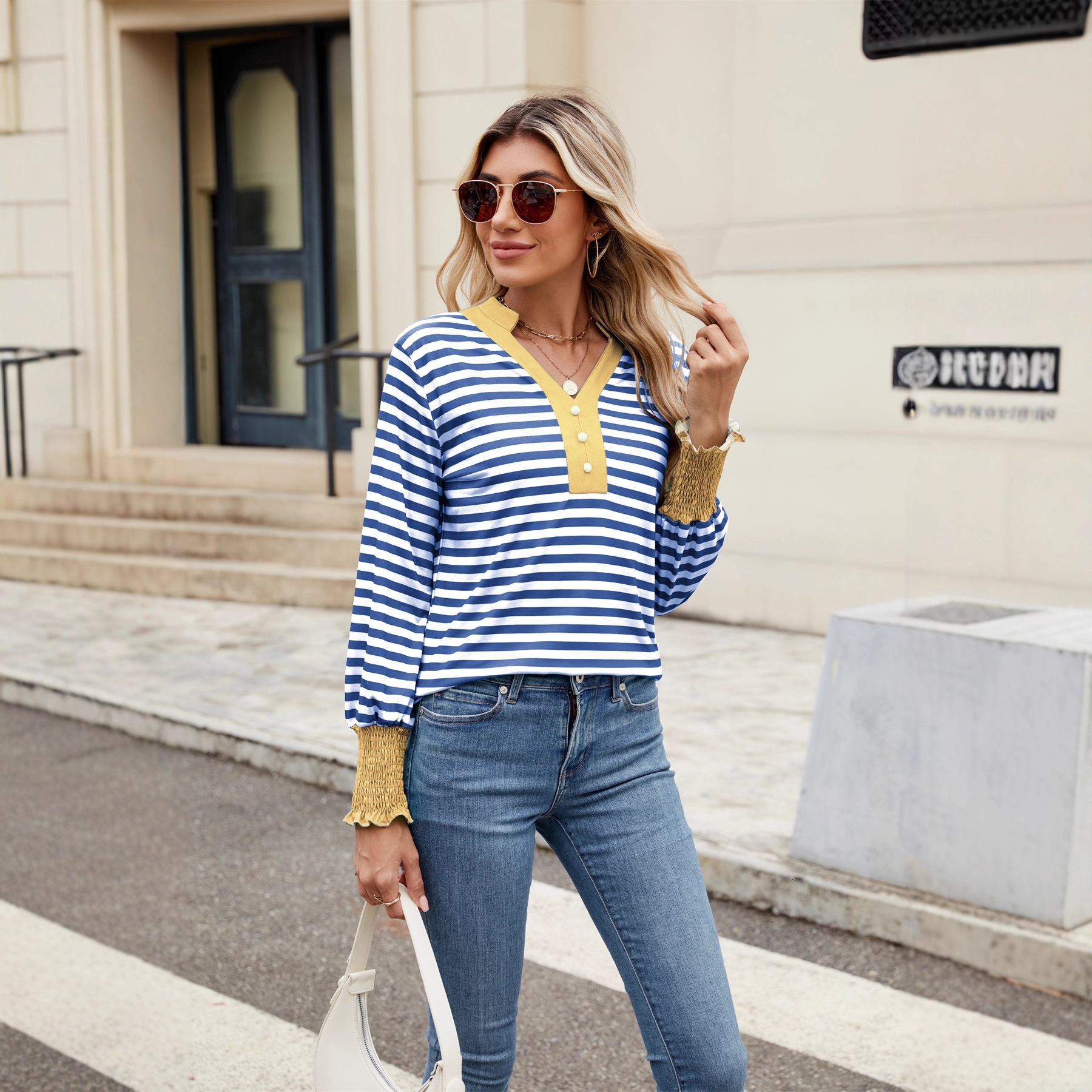 2025 Autumn and Winter New Knitted Sweater Long Sleeve Fashion Striped TShirt VNeck Top