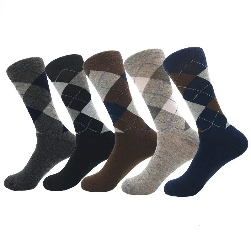 5 PairsPack Cassic Retro Fashion Men Socks Combed Cotton Rhombus Solid Color Argyle Casual Business Dress Party Socks 251023