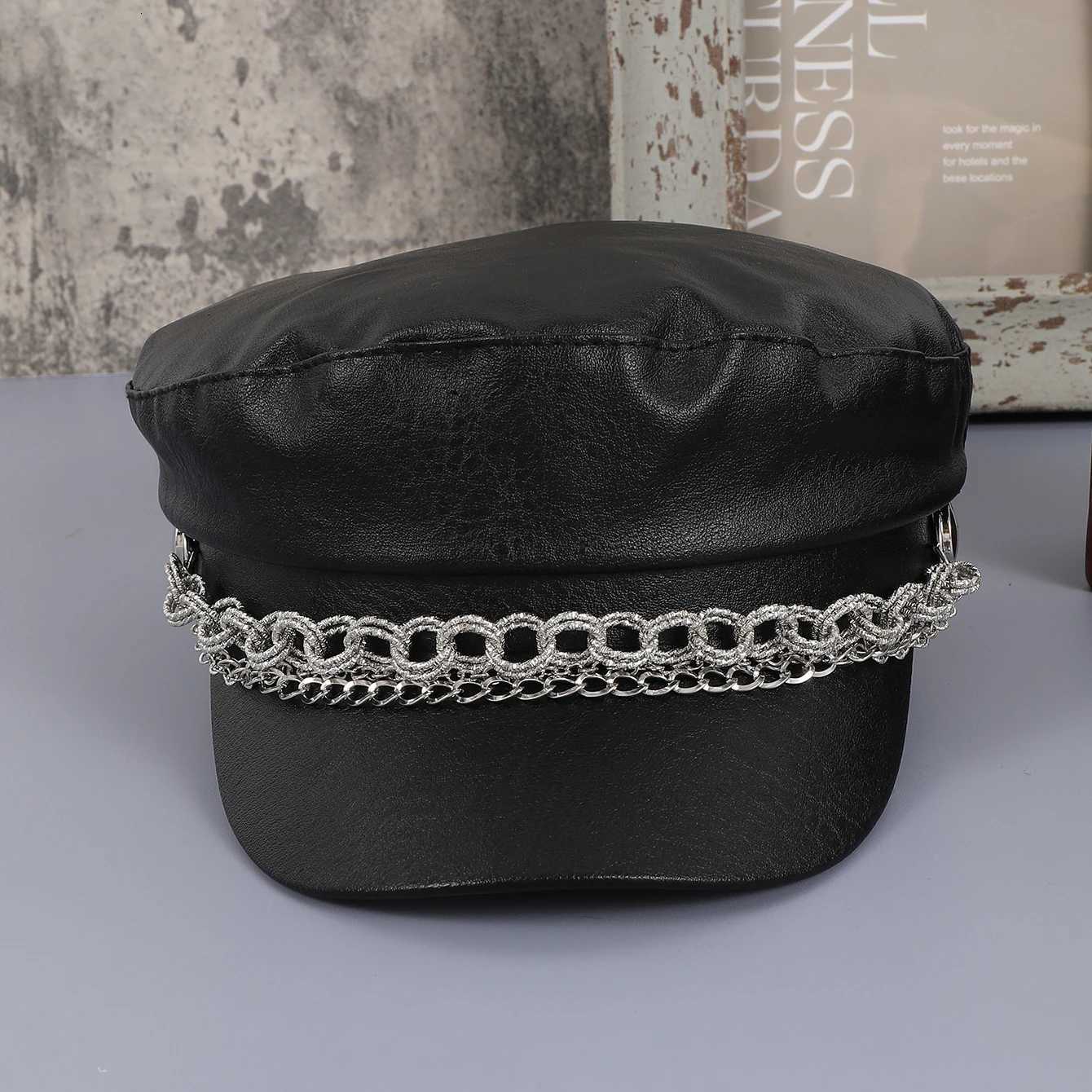 Simple British style PU leather size chain decoration newsboy hat shop trip selfie ry cover newsboy hat Y251025
