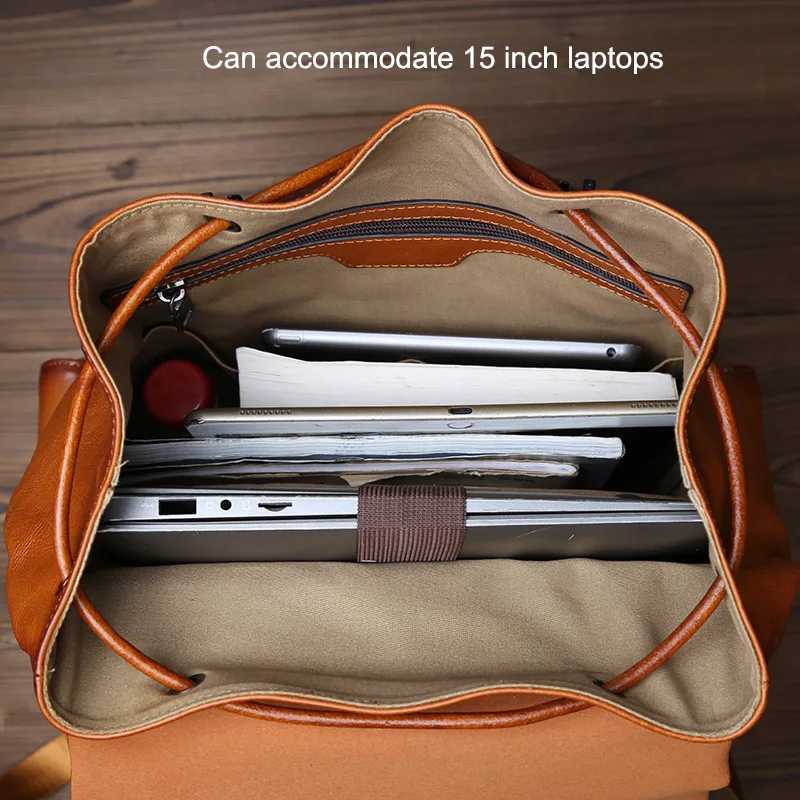 Solid Color Highcapacity Tree Cream Genuine Leather Backpack With Simple Drawstring Top Layer Cowhide 15 Inch Computer Bag W251025