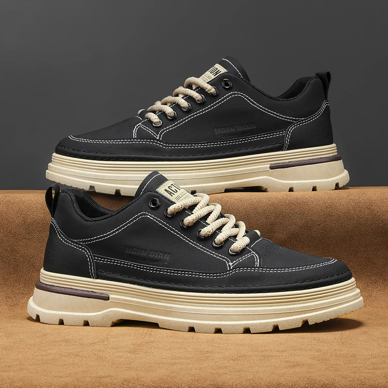 HKDQ Fashion Beige Sneakers Men Comfortable NonSlip Work Shoes for Men Outdoor Leather Casual Shoes Versatile Mens Shoes 251023